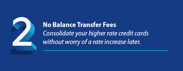 Reason 2 - No Balance Transfer Fees Consolidate your higher rate credit cards without worry of a rate increase later.