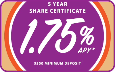 5 Year Share Certificate 1.75%APY* $500 Minimum Deposit^