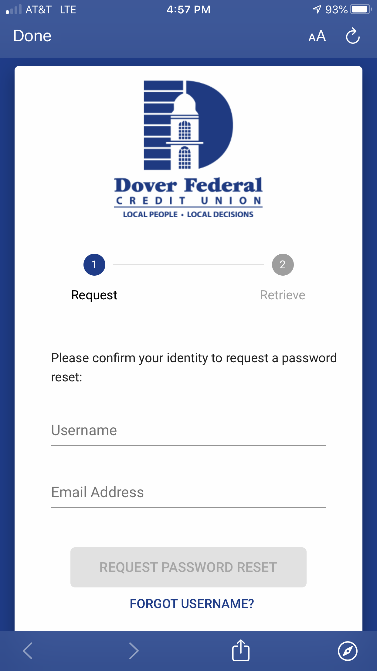 New Password Reset Request Screen